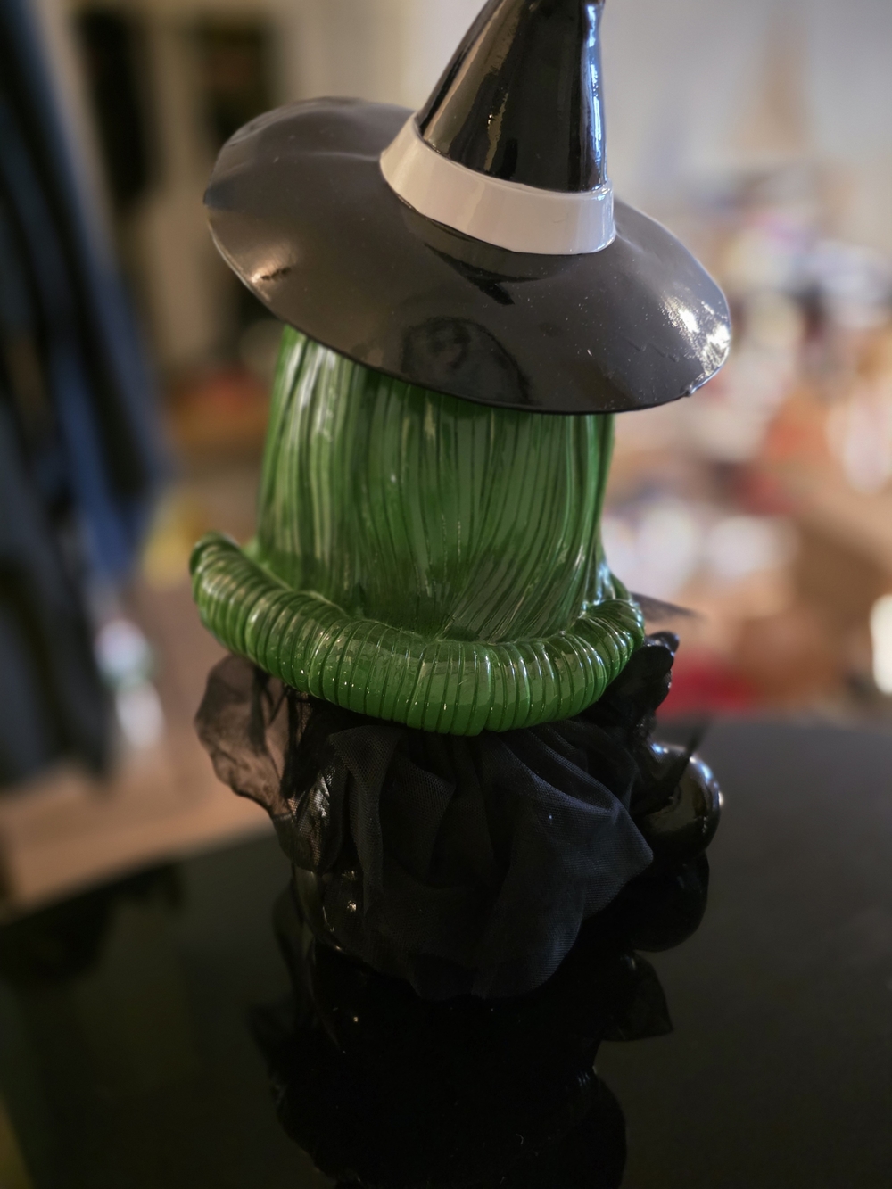 Green-Haired Witch Figurine with Black Hat and Striped Tights - Picture 6 of 10